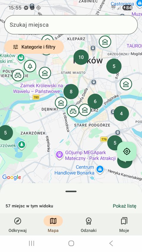 Mapa Krakowa z pogrupowanymi znacznikami atrakcji